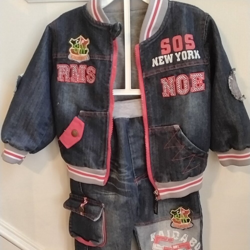 Title:  Boys Denim Jacket & Pants Set – Embroidered Patch 2-Piece Outfit